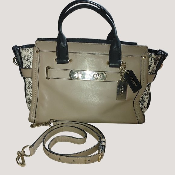 Coach swagger Leather Snake Print Satchel Handbag Adjustable Strap Beige Black - Picture 1 of 12